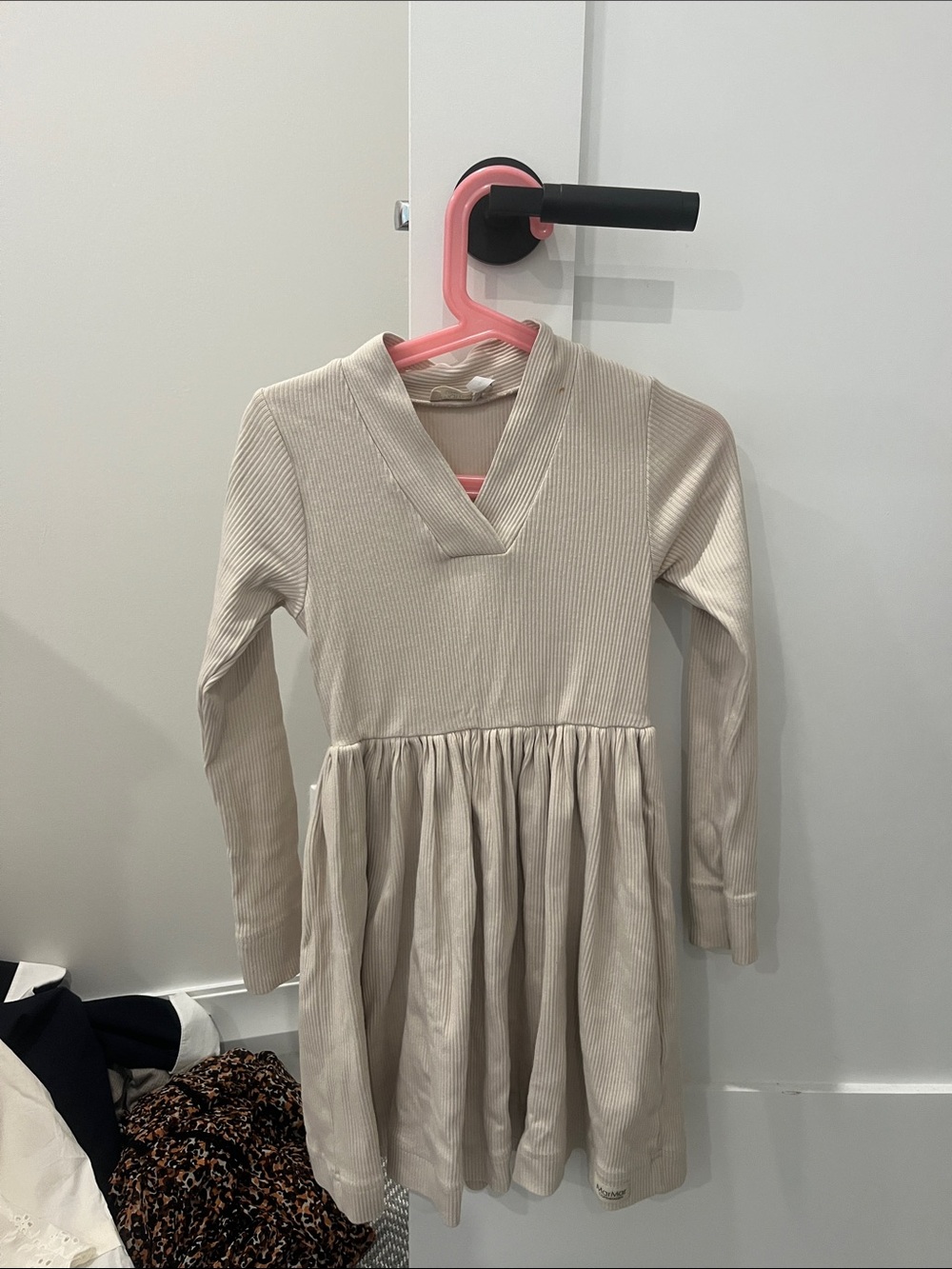Girls Cream Ribbed V-Neck Long-Sleeve Dress